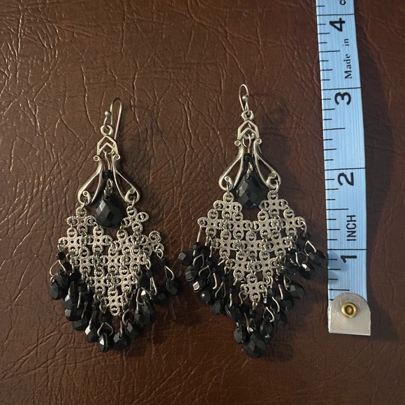 Silver Tone and Black Onyx Style Chandelier Earrings - Picture 3 of 3